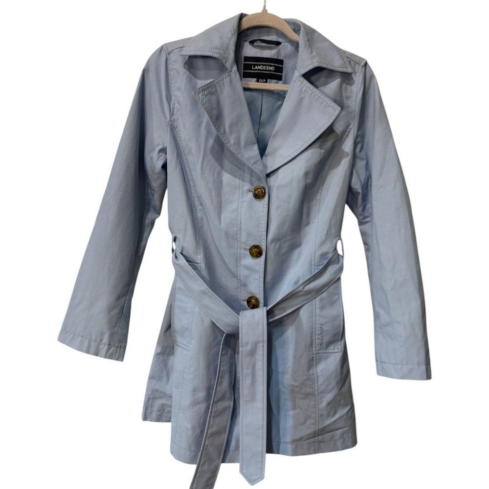 Lands' End Trench Coat Belted Collared Classic‎ Rain Coat Light Blue XS